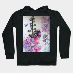 Pink Hollyhock Flowers and Bee Watercolor Hoodie